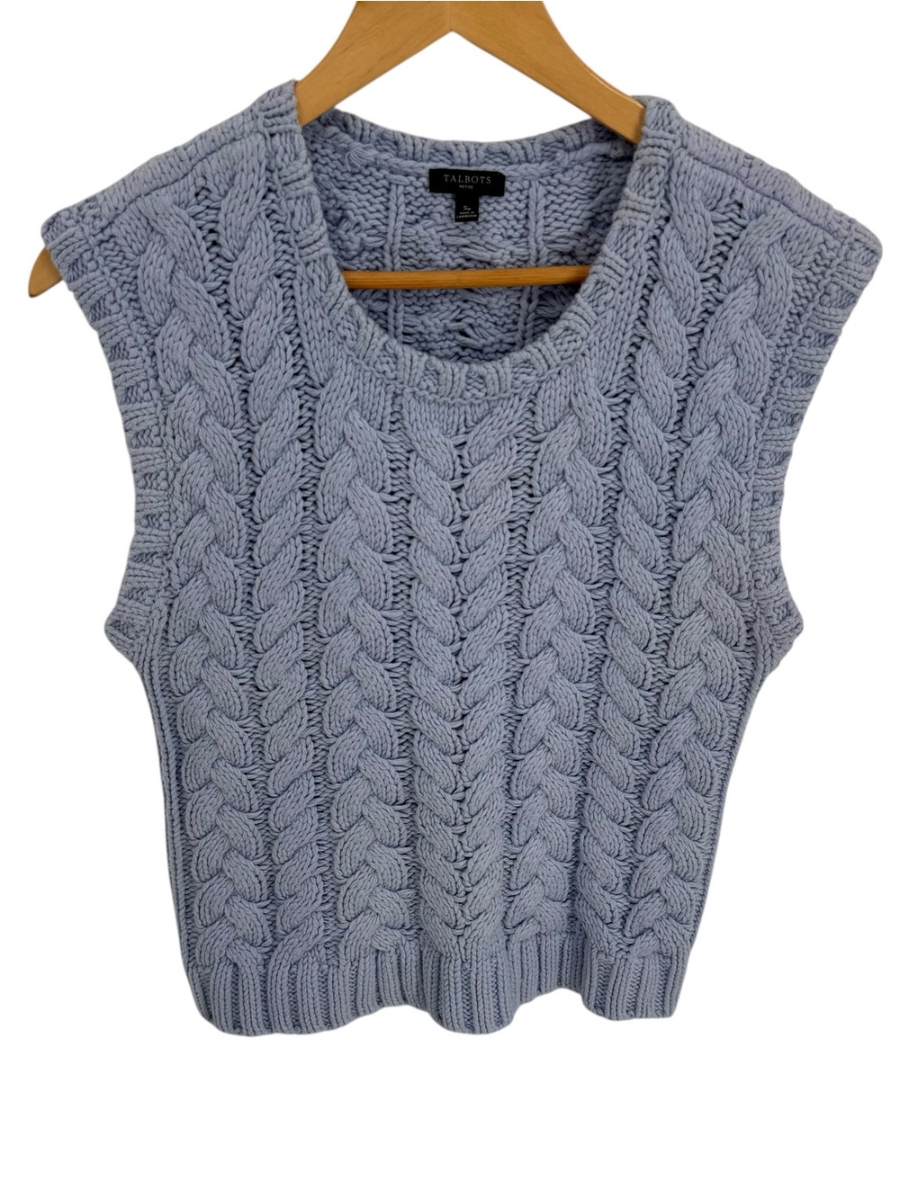 TALBOTS Blue Chunky Cable Knit Sweater Vest Academia Cotton Blend Size S Petite